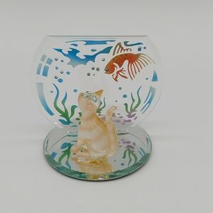Vintage Retired 2001 Glass Baron Tabby Cat & Fish Bowl